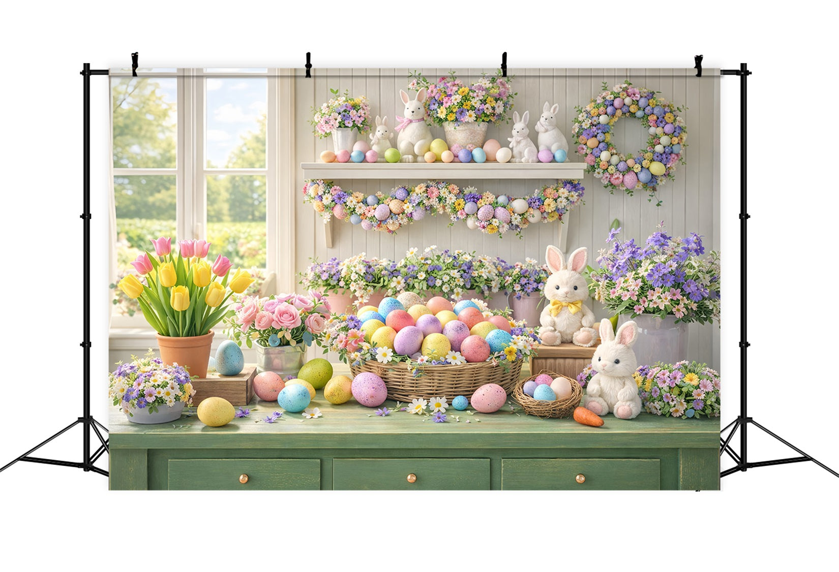 Fond fleurs de Pâques Œufs pastel Tulipes Fenêtre Lapin Fond LXX512-114