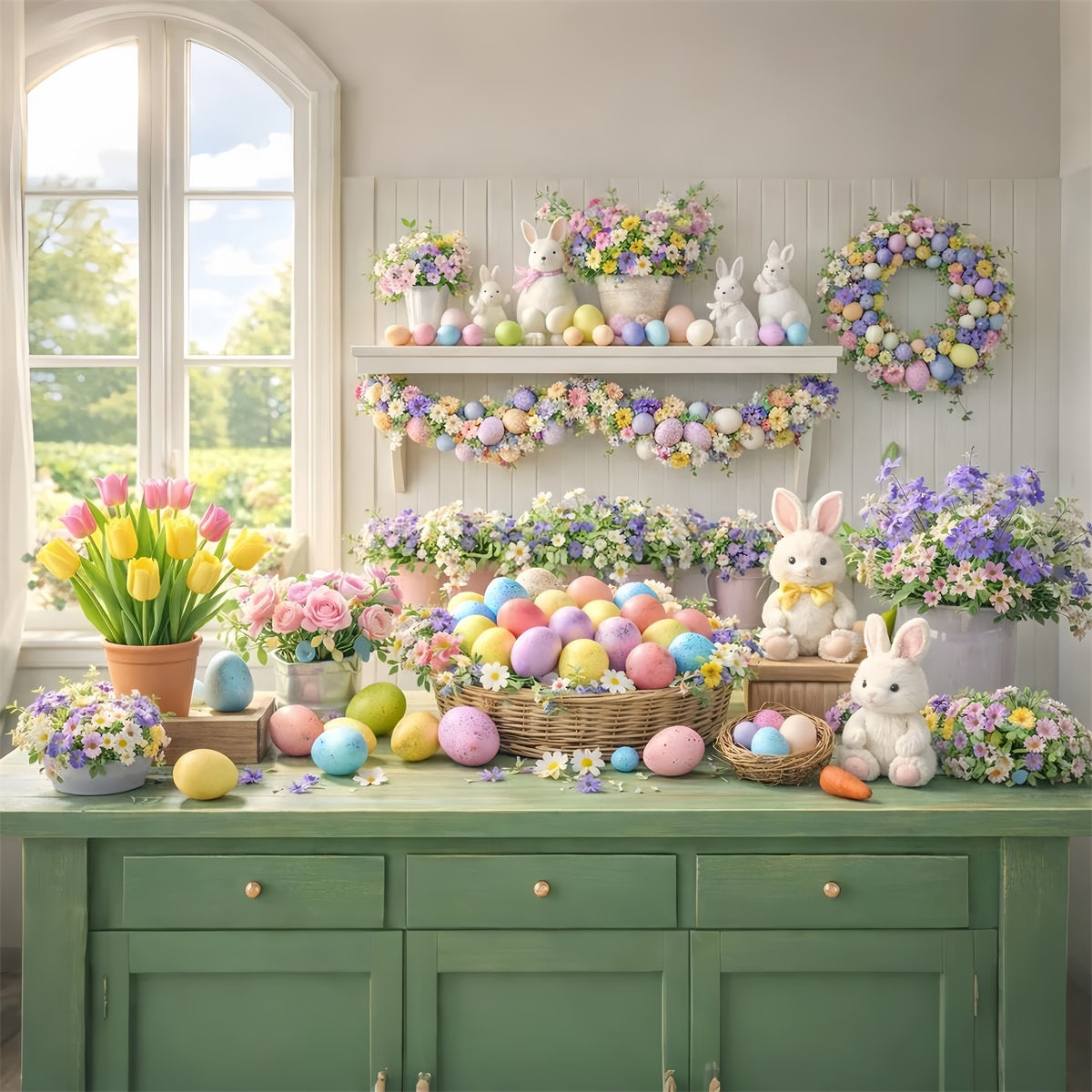 Fond fleurs de Pâques Œufs pastel Tulipes Fenêtre Lapin Fond LXX512-114