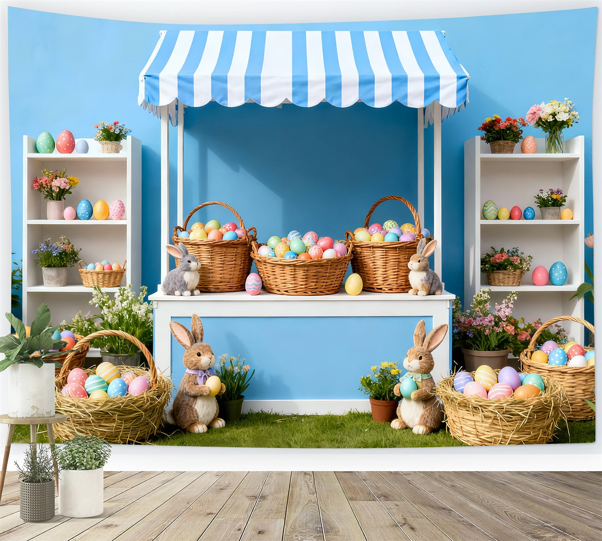 Décor photo pour Pâques Marché aux œufs à rayures bleues Décor lapin LXX512-117