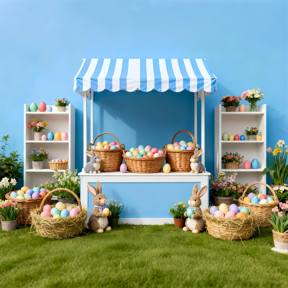 Décor photo pour Pâques Marché aux œufs à rayures bleues Décor lapin LXX512-117