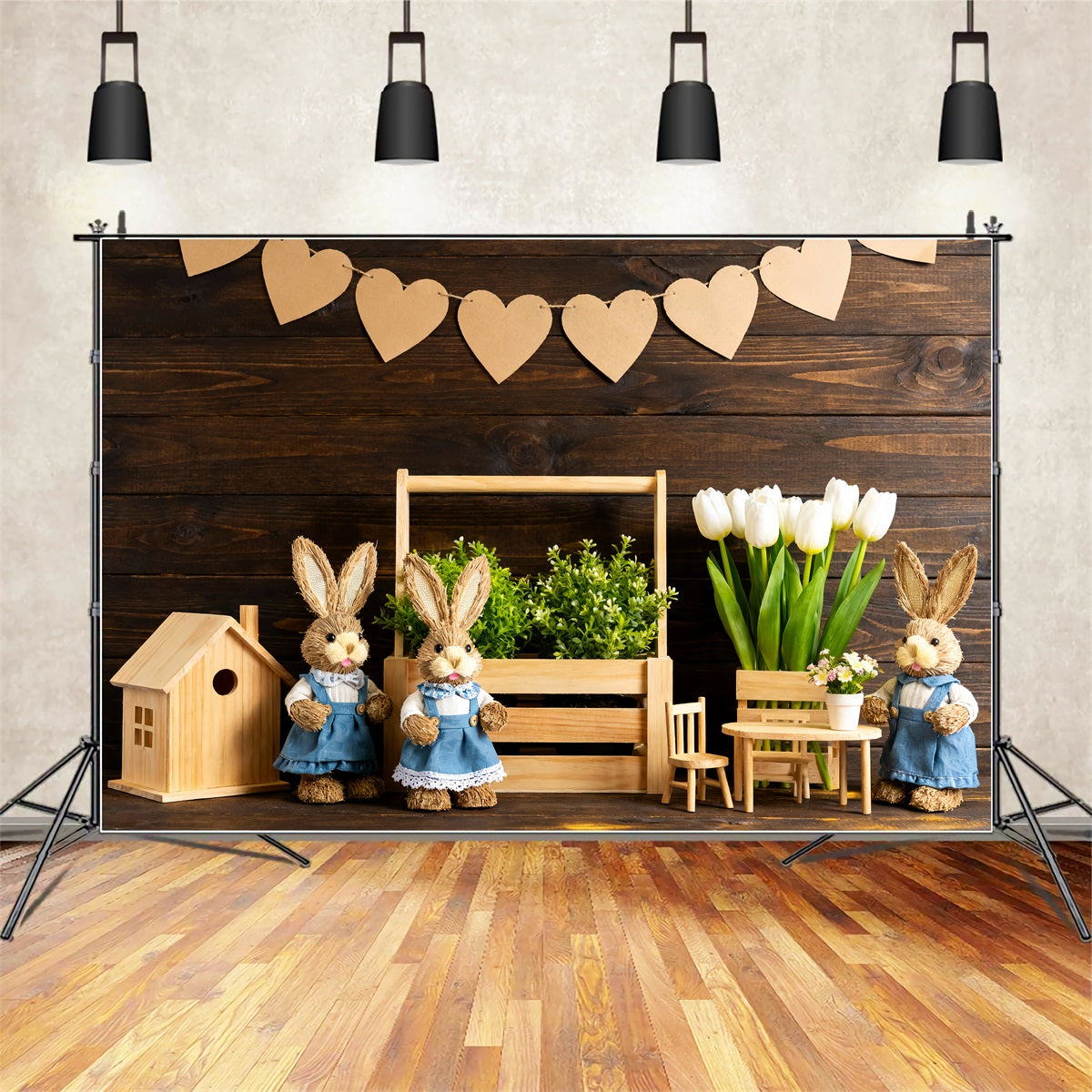 Fond rustique de Pâques Lapin rustique Présentoir en bois Fond Peter Rabbit LXX512-123