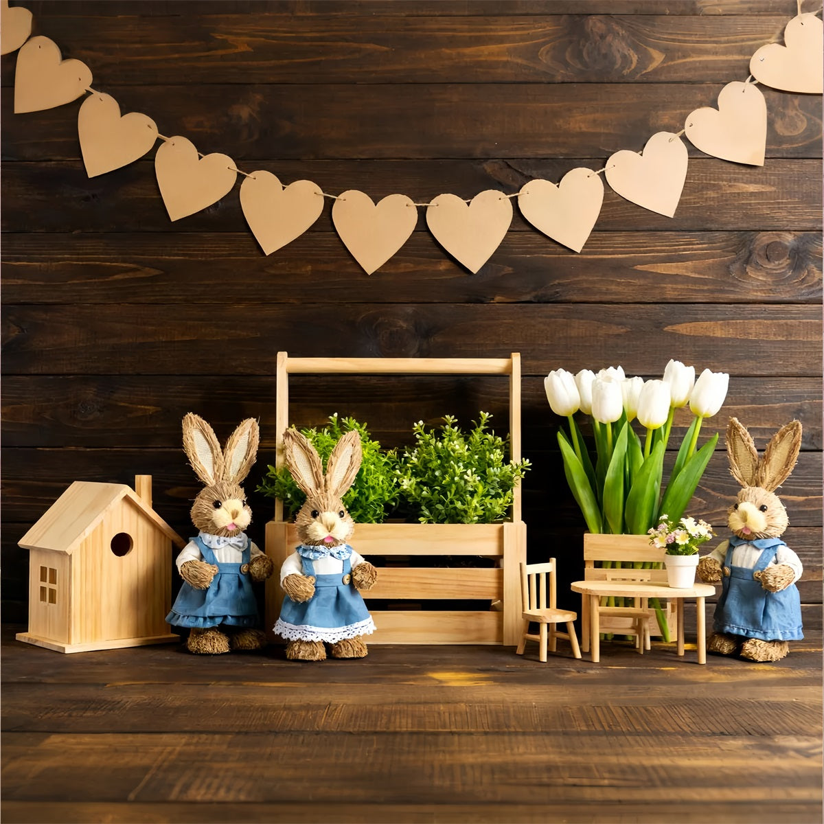 Fond rustique de Pâques Lapin rustique Présentoir en bois Fond Peter Rabbit LXX512-123