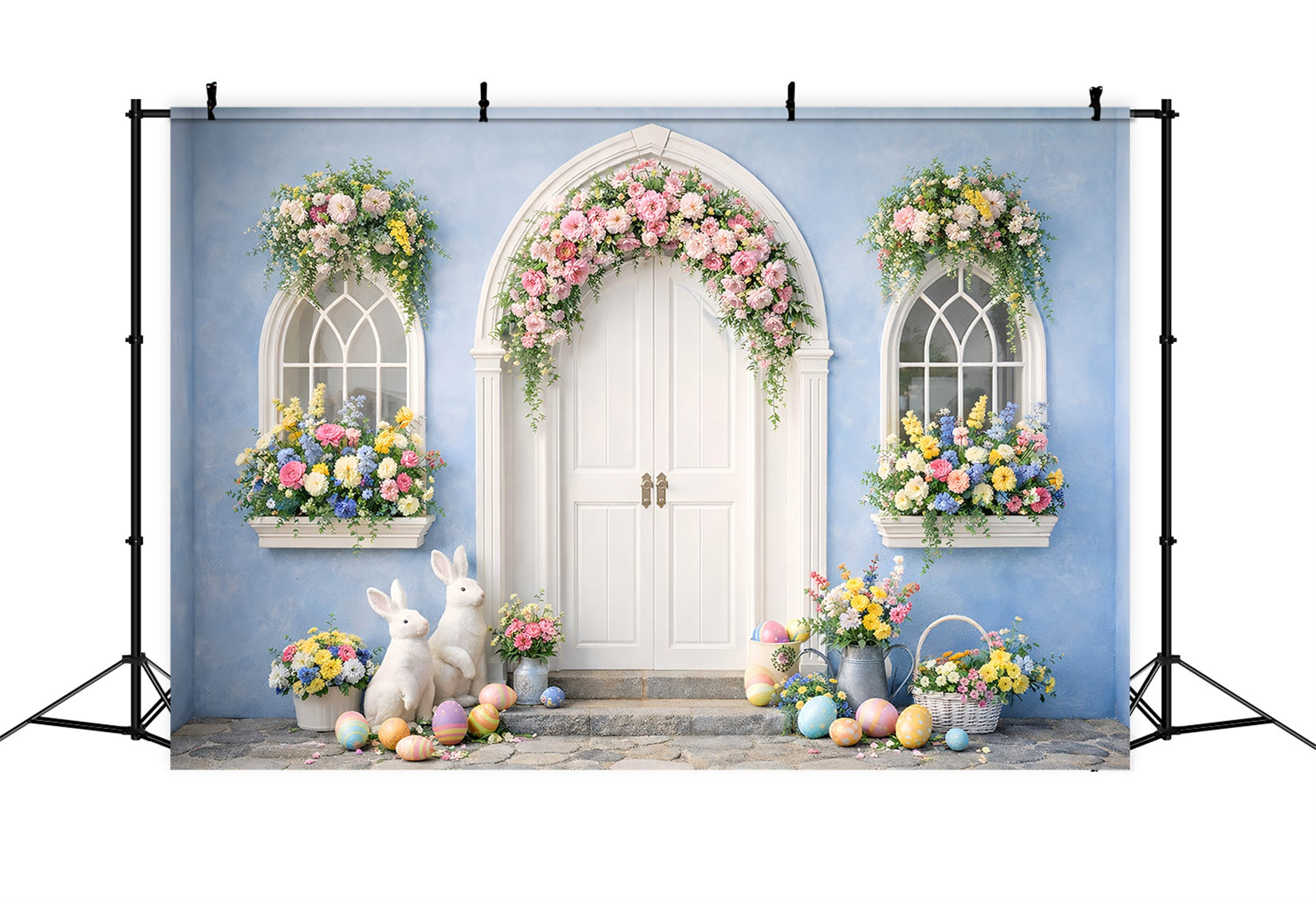 Fond de photo de Pâques Arche bleue Lapin floral Porte Fond de Pâques Œufs LXX512-129