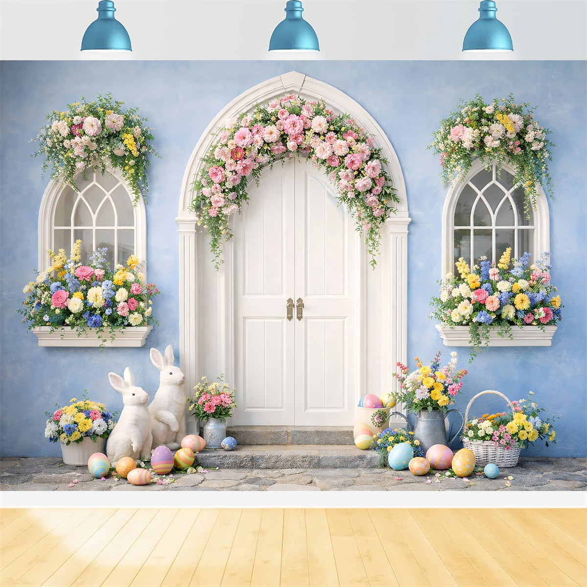 Fond de photo de Pâques Arche bleue Lapin floral Porte Fond de Pâques Œufs LXX512-129