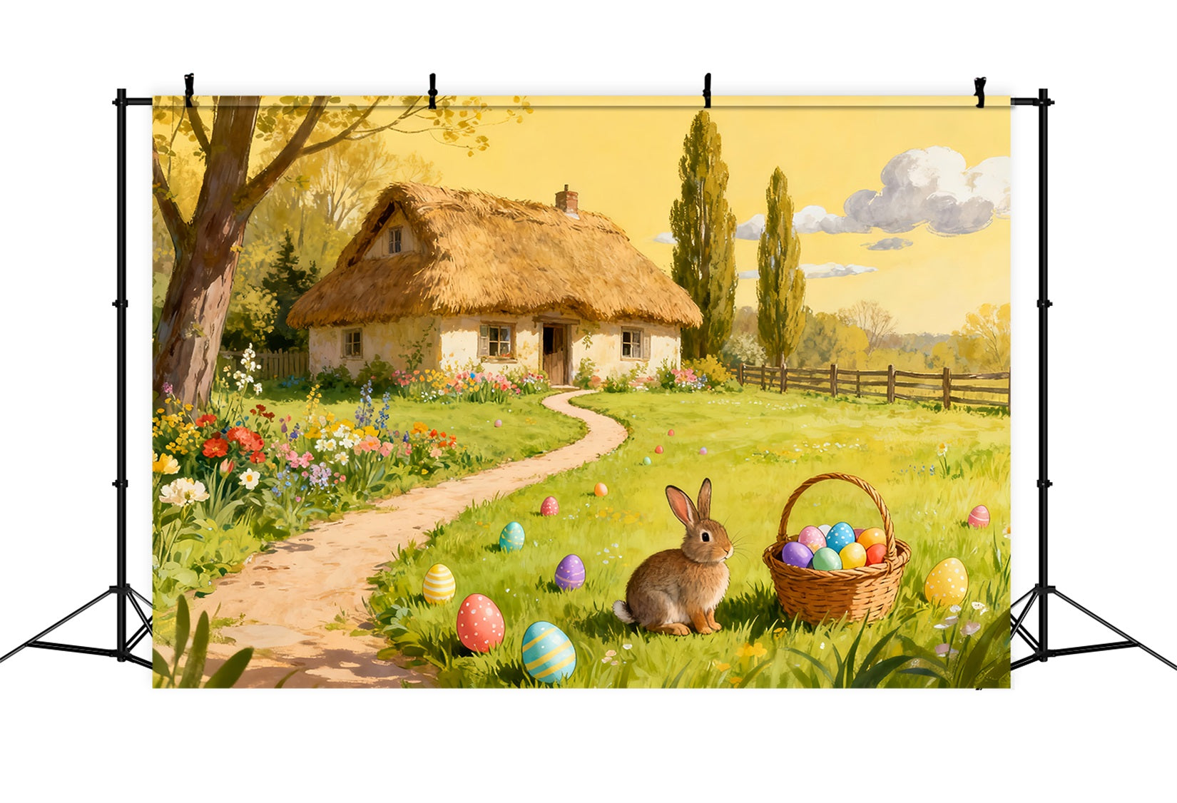 Fond pour chasse aux œufs de Pâques Aquarelle Campagne Cottage Jardin Lapin LXX512-135