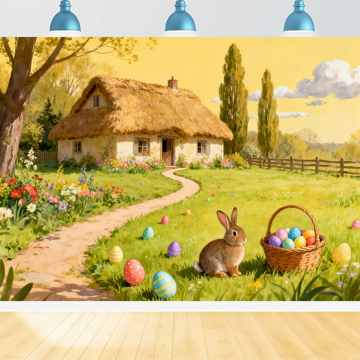 Fond pour chasse aux œufs de Pâques Aquarelle Campagne Cottage Jardin Lapin LXX512-135