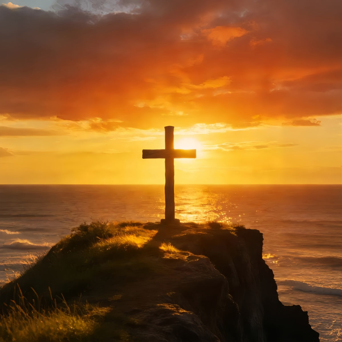 Fond avec croix, horizon océanique, lueur du coucher de soleil, fonds de Pâques pour église LXX512-139