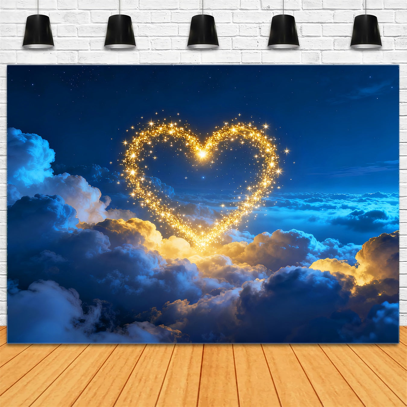 Toile de fond paillettes Toile de fond Saint-Valentin Cœurs dorés scintillants Nuages Toiles de fond romantiques LXX512-148