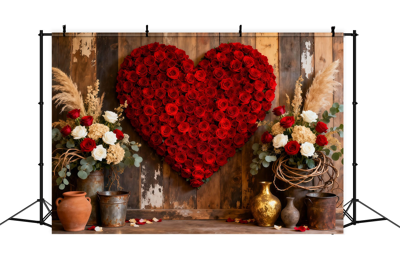 Décor avec fleurs en forme de cœur, porte en bois, roses rouges, décor pour la Saint-Valentin LXX512-165