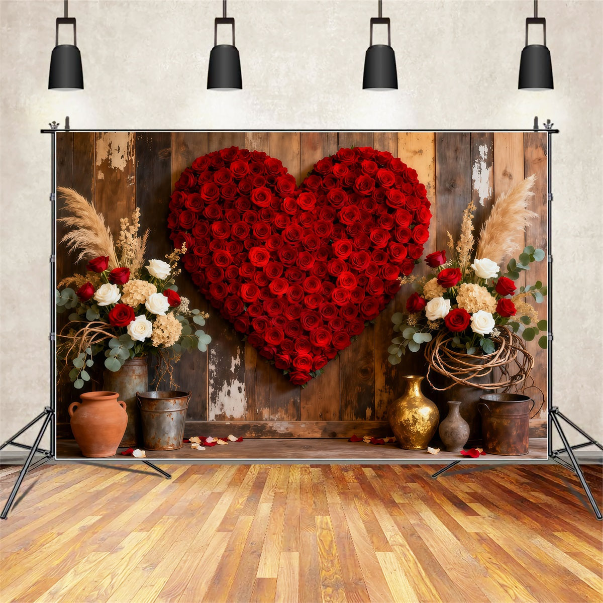 Décor avec fleurs en forme de cœur, porte en bois, roses rouges, décor pour la Saint-Valentin LXX512-165
