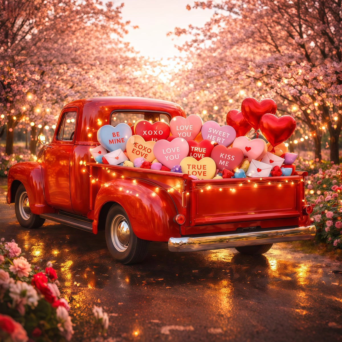 Toiles de fond pour la Saint-Valentin Camion vintage Toile de fond en forme de cœur avec des bonbons LXX512-172