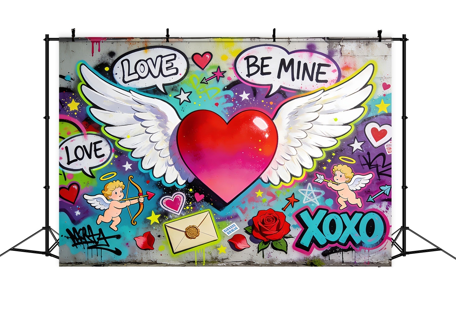 Fond XOXO Graffiti Amour Cœur ailé Fond avec Cupidon LXX512-51