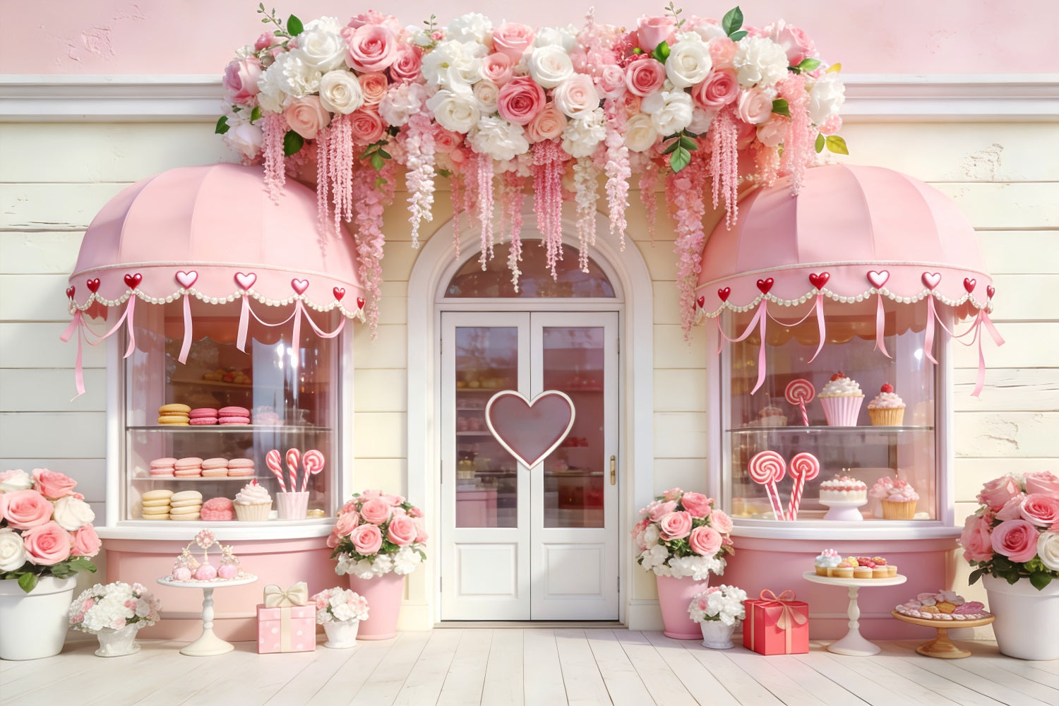 Fond pour la Saint-Valentin avec confiserie Arches fleuries Cœur rose Fond pour la Saint-Valentin LXX512-52
