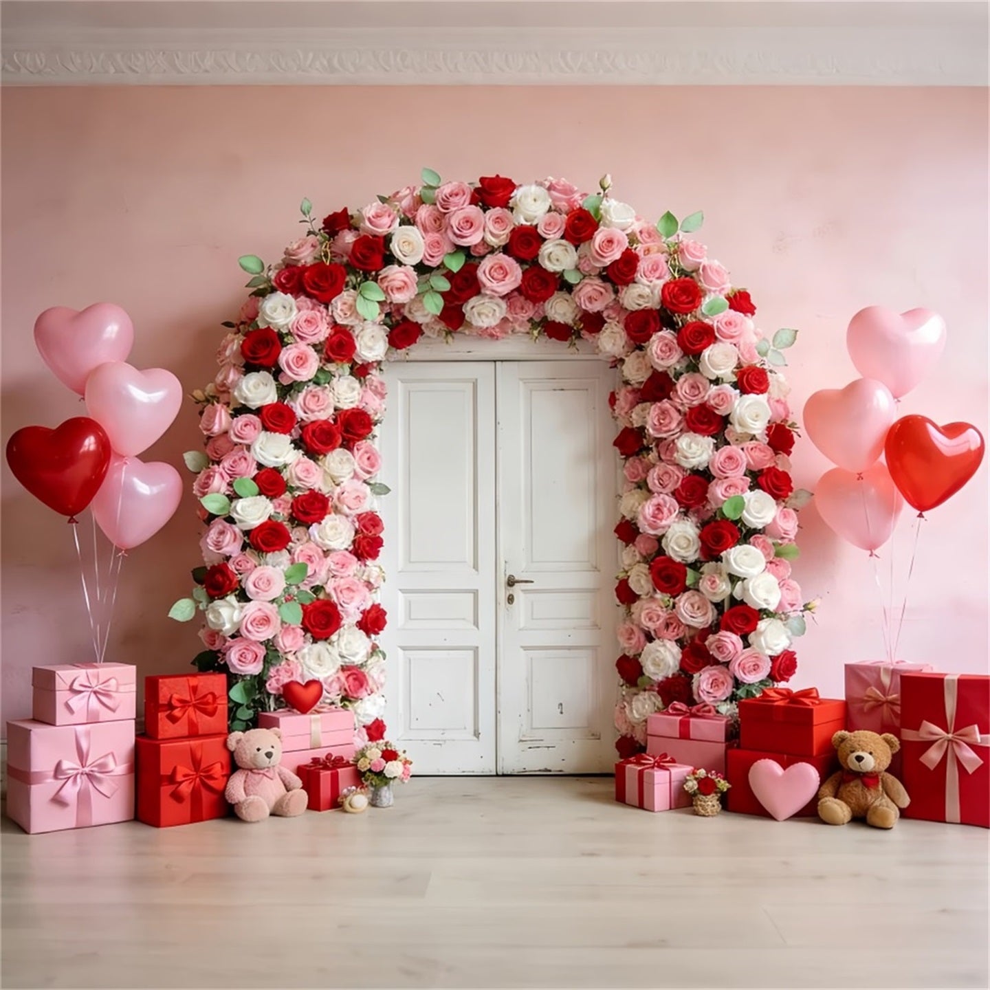 Arche florale Fond de Saint-Valentin Couronne de roses pour porte Cadeaux Ballons en forme de cœur Fond LXX512-53