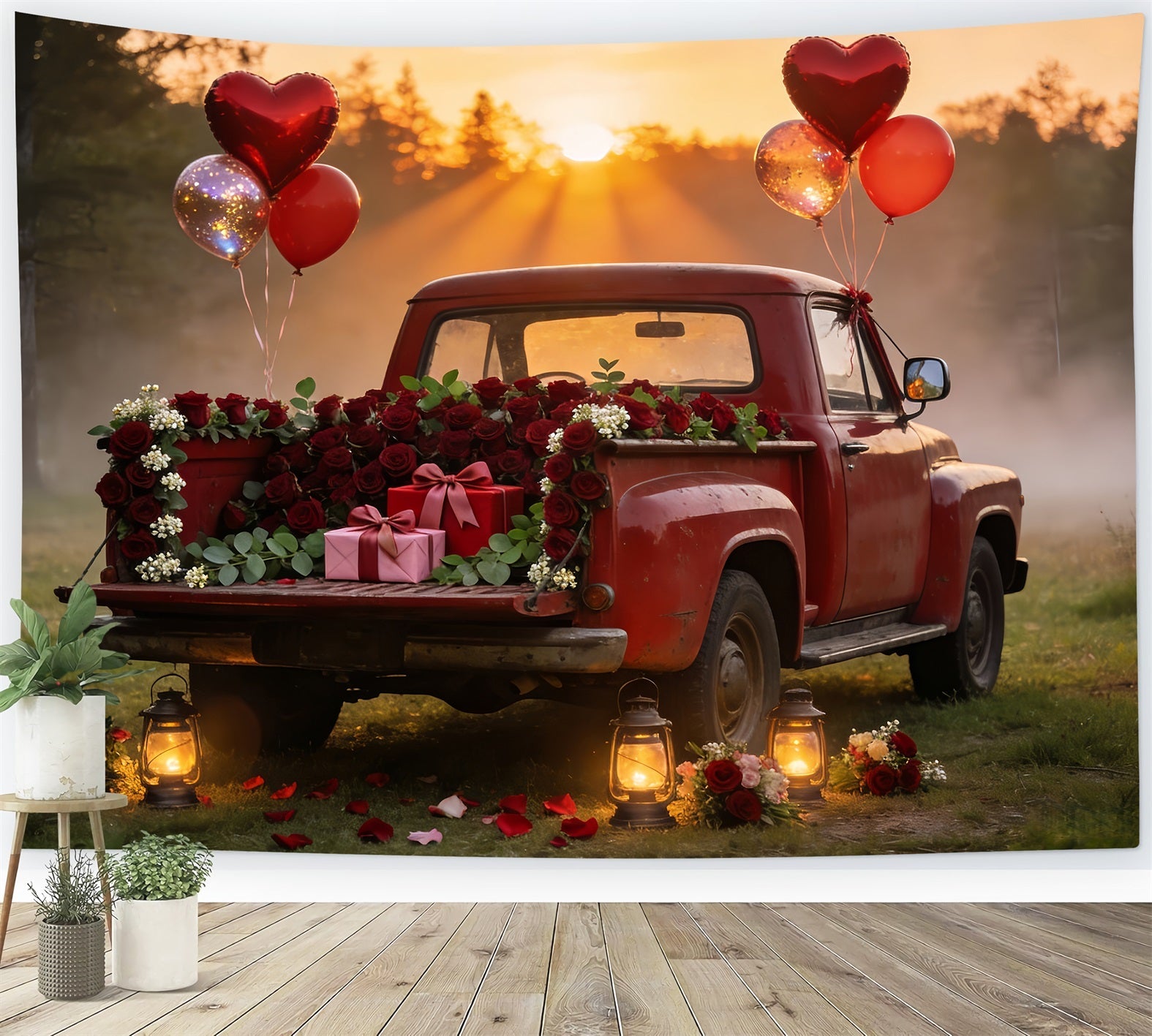 Fond photo de Saint-Valentin Camion rouge vintage Fond ballons cœur romantique LXX512-61