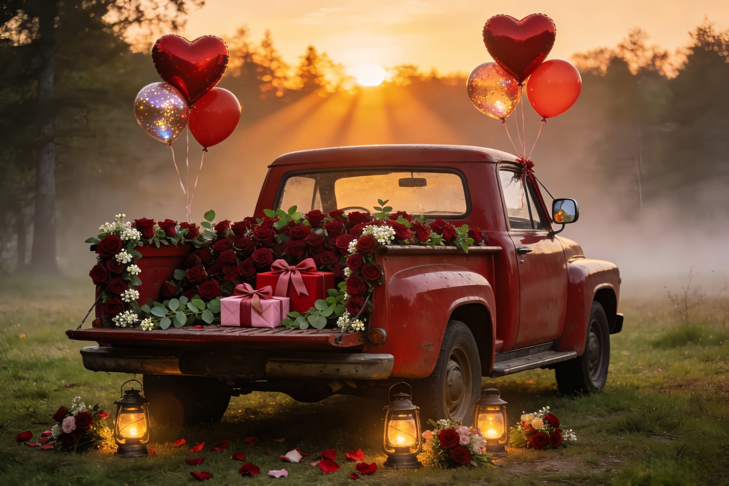Fond photo de Saint-Valentin Camion rouge vintage Fond ballons cœur romantique LXX512-61