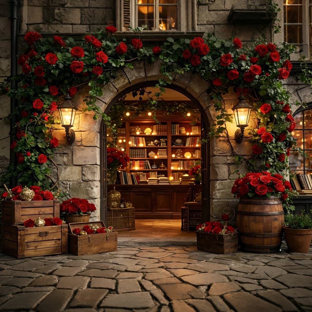 Fond floral en forme d'arche pour la Saint-Valentin Bibliothèque vintage avec des roses Fond d'amour LXX512-66