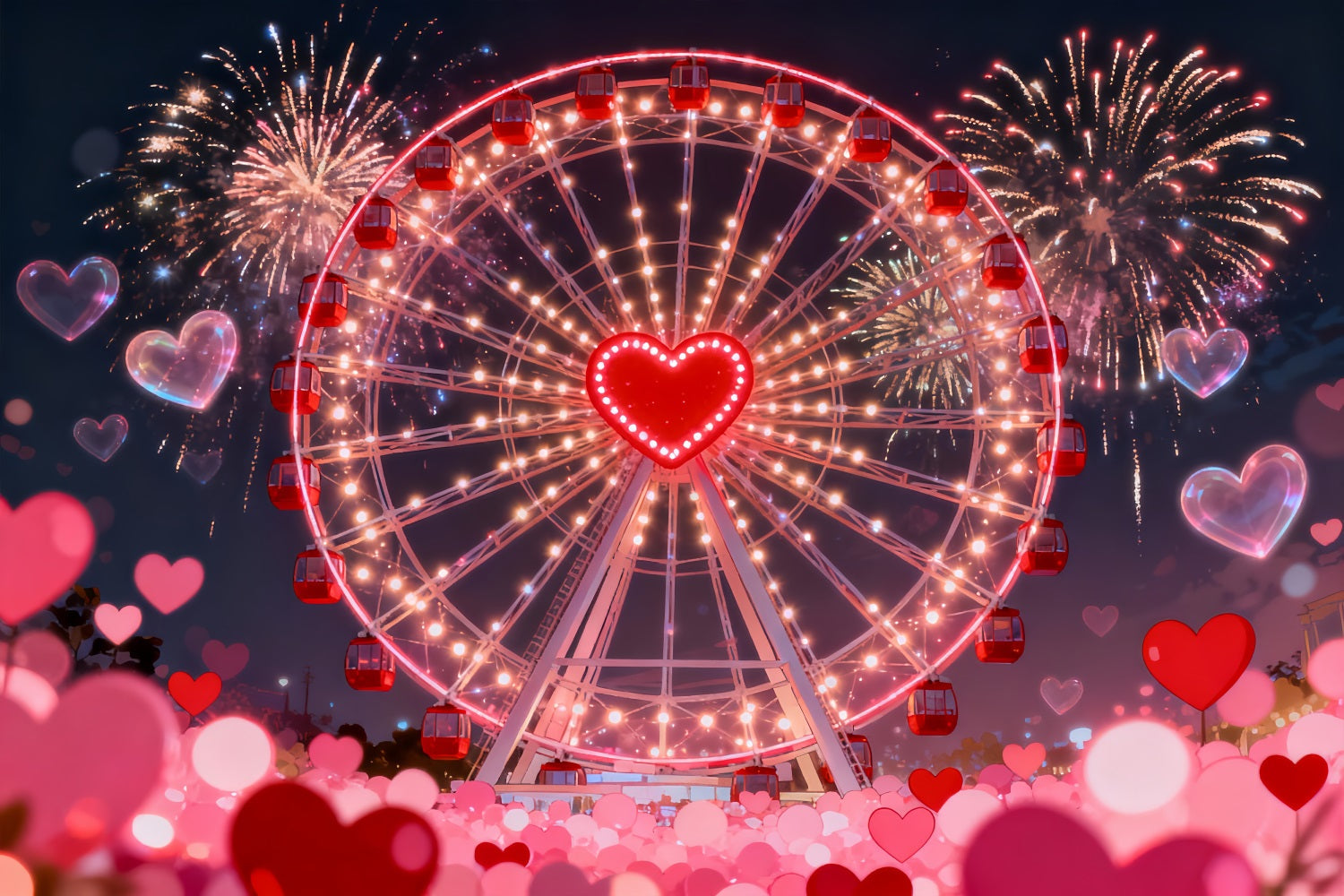 Fond scintillant pour la Saint-Valentin avec des feux d'artifice et des cœurs Fond avec une grande roue et des cœurs LXX512-68