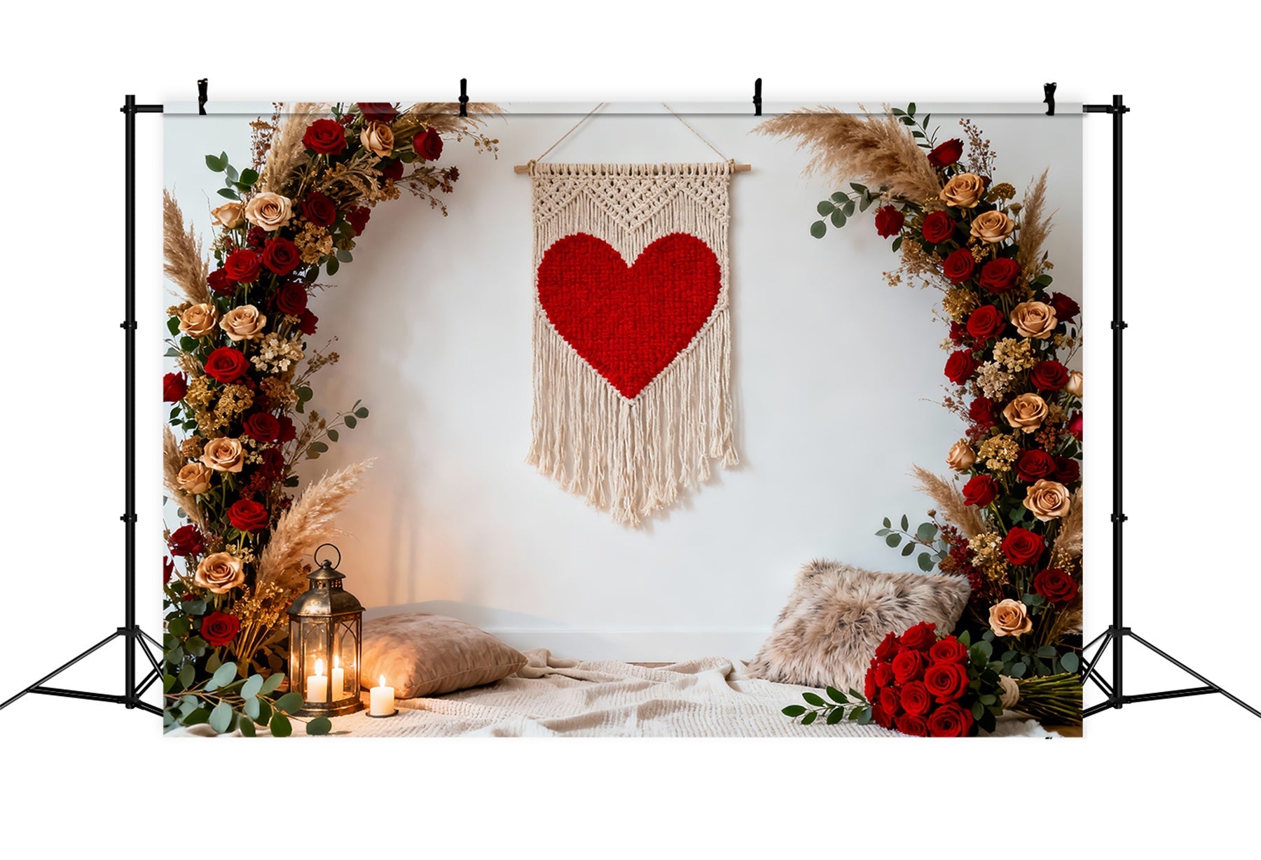 Fond floral bohème pour la Saint-Valentin Arc en macramé avec cœur et roses Fonds « Love » LXX512-71