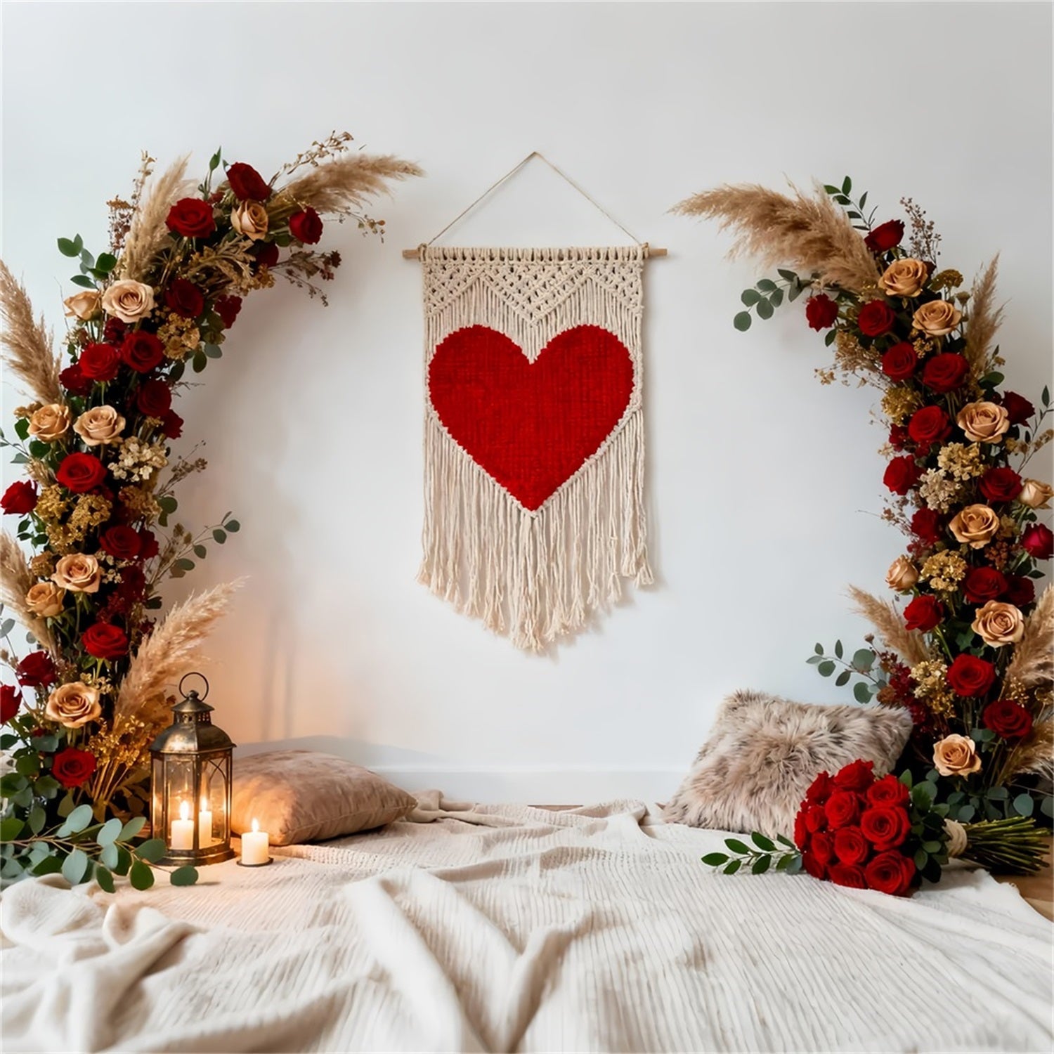 Fond floral bohème pour la Saint-Valentin Arc en macramé avec cœur et roses Fonds « Love » LXX512-71
