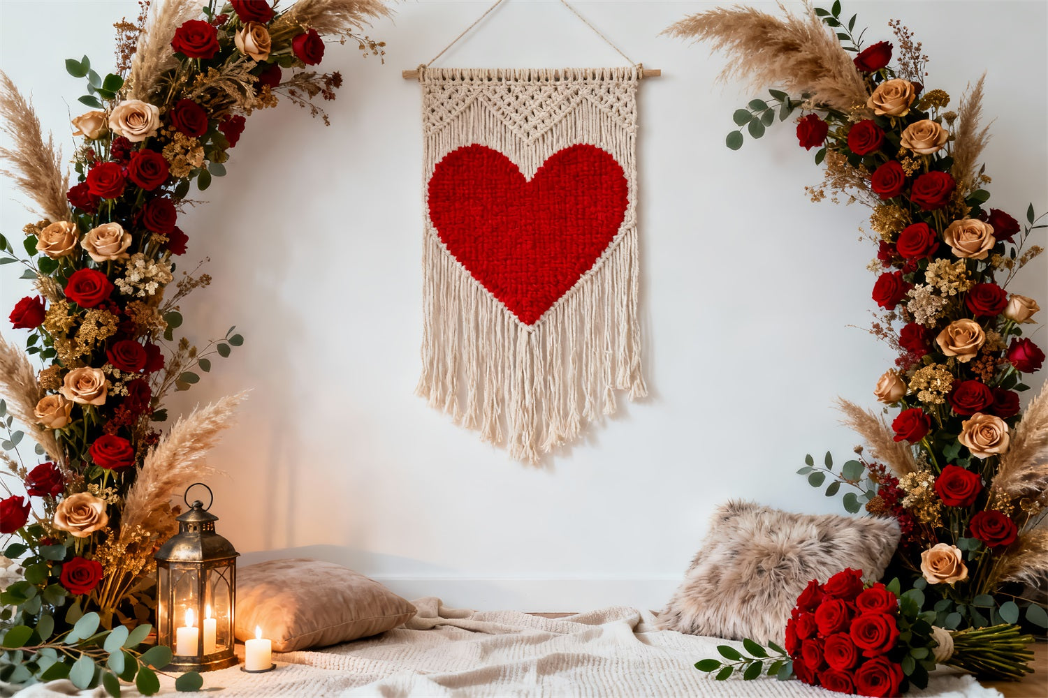Fond floral bohème pour la Saint-Valentin Arc en macramé avec cœur et roses Fonds « Love » LXX512-71