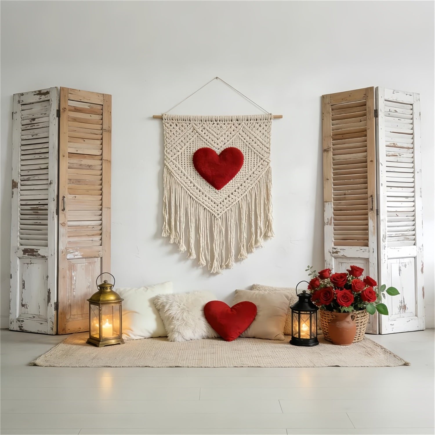 Toiles de fond Love Volets rustiques Cœur en macramé Toile de fond bohème florale pour la Saint-Valentin LXX512-72