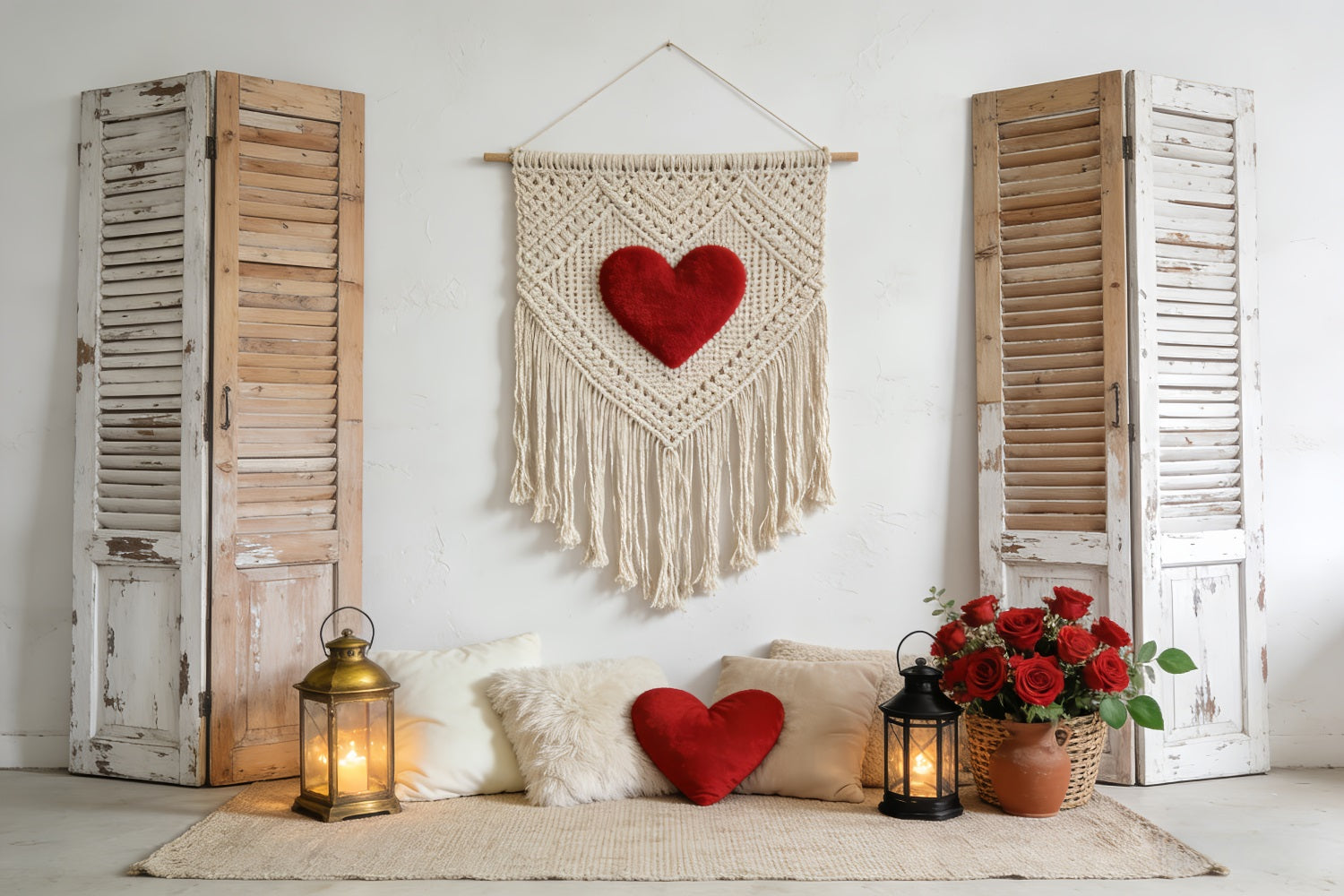 Toiles de fond Love Volets rustiques Cœur en macramé Toile de fond bohème florale pour la Saint-Valentin LXX512-72