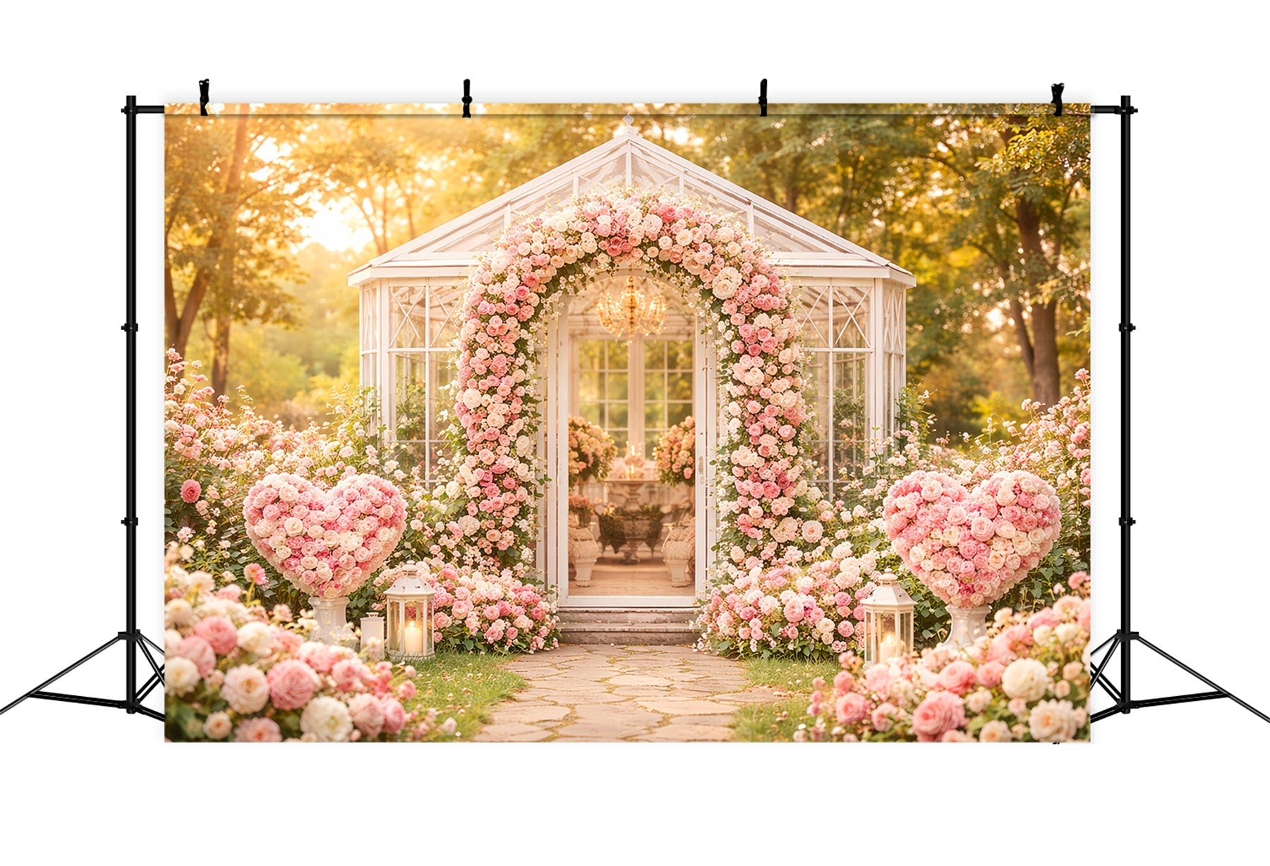 Arche florale pour la Saint-Valentin Toile de fond Pavillon de jardin Roses roses Toiles de fond romantiques LXX512-77
