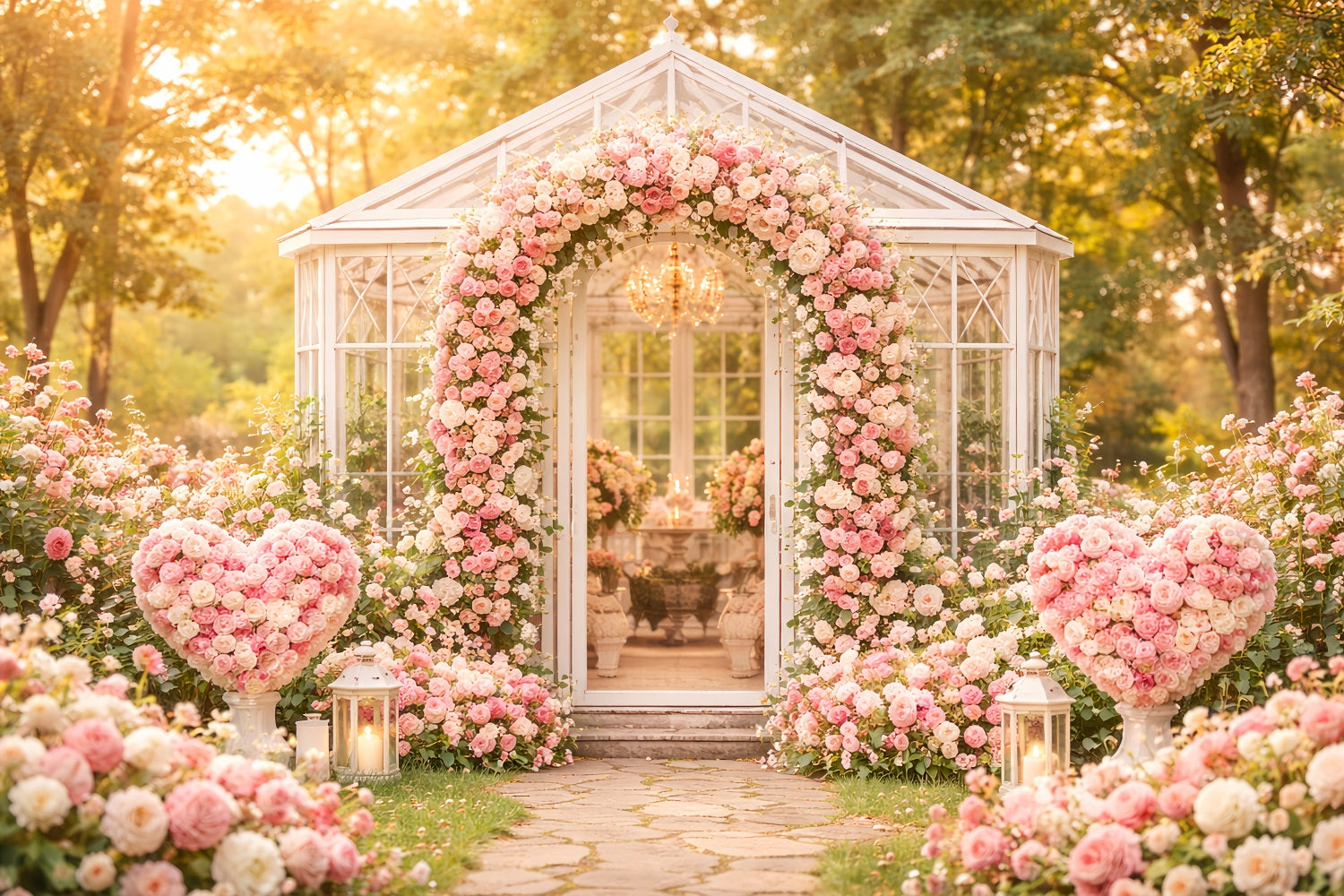 Arche florale pour la Saint-Valentin Toile de fond Pavillon de jardin Roses roses Toiles de fond romantiques LXX512-77