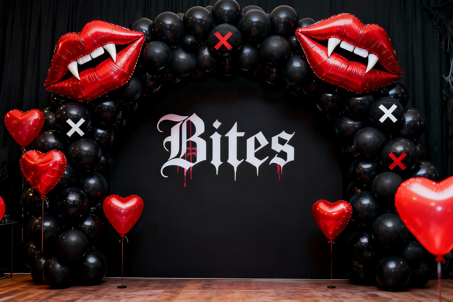 Fond lèvres qui s'embrassent Gothique Vampire Cœur Arche de ballons Fond pour la Saint-Valentin des années 90 LXX12-80