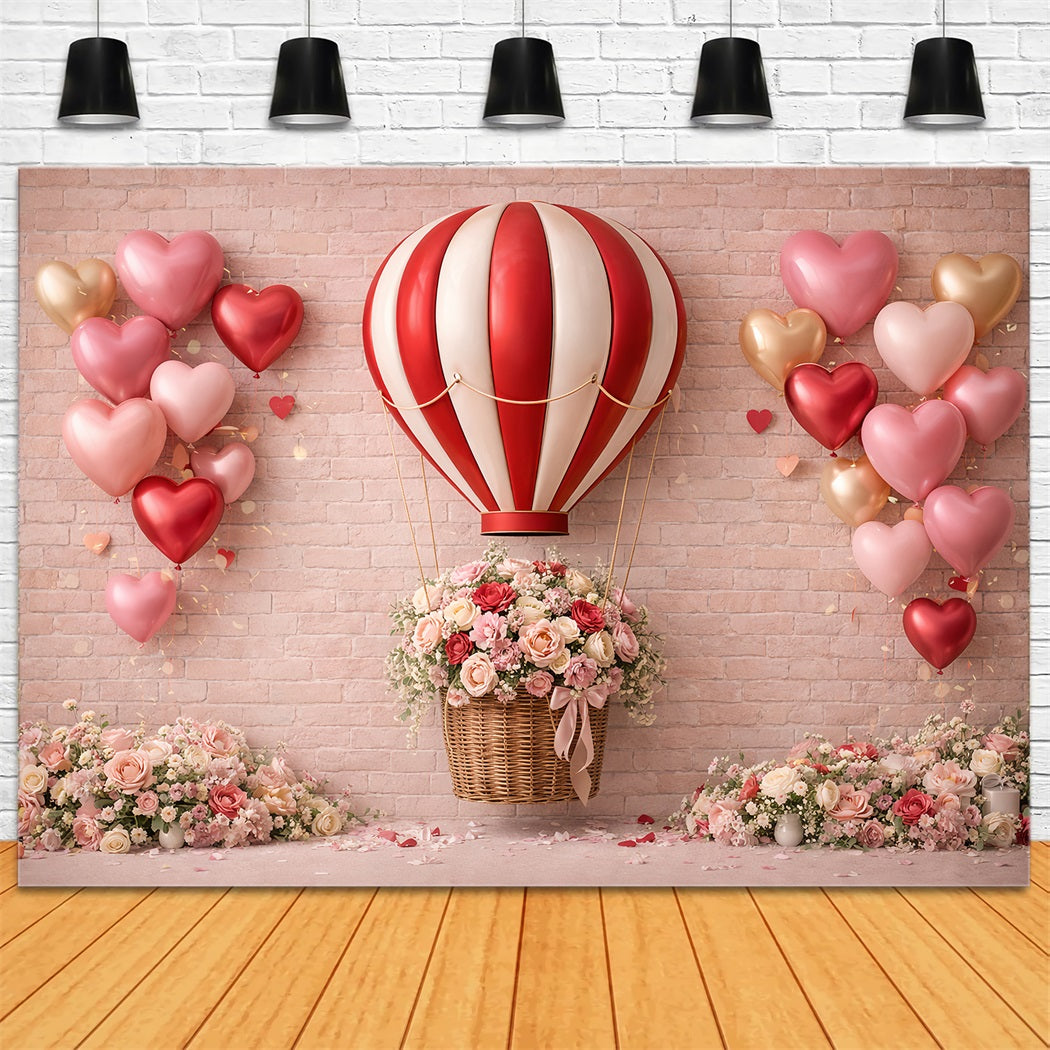 Fond ballons en forme de cœur Mur de briques Roses romantiques Fond rose Saint-Valentin LXX512-91