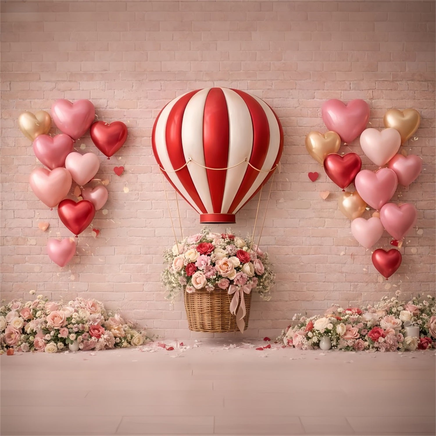 Fond ballons en forme de cœur Mur de briques Roses romantiques Fond rose Saint-Valentin LXX512-91