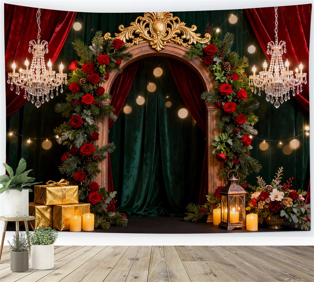 Toile de fond romantique Arche florale opulente Boîte cadeau élégante Toile de fond pour la Saint-Valentin LXX512-94