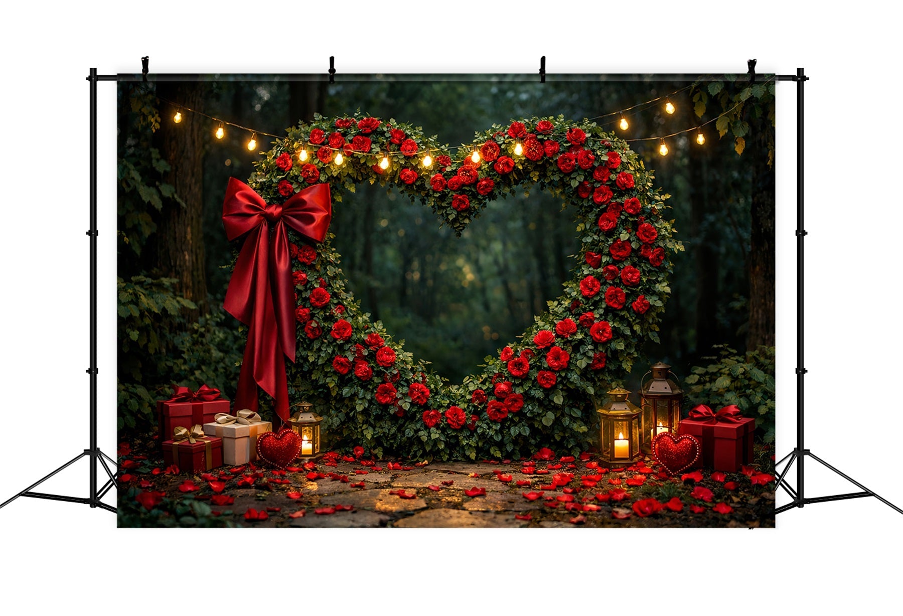 Fond cœur de roses rouges Arche florale Forêt Boîte cadeau Fond Saint-Valentin LXX512-96