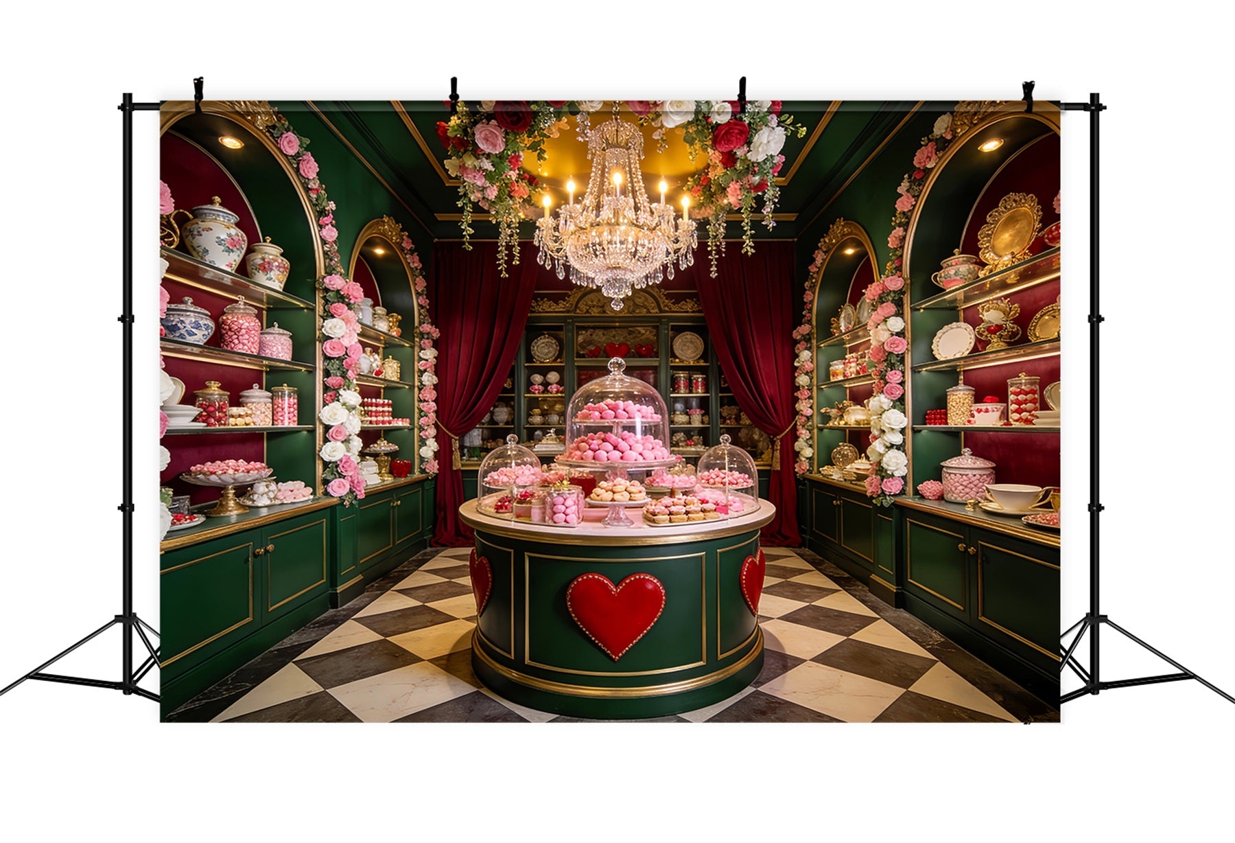 Fond de Valentine avec boutique de bonbons et table de desserts Fond de Valentine des années 90 LXX512-99