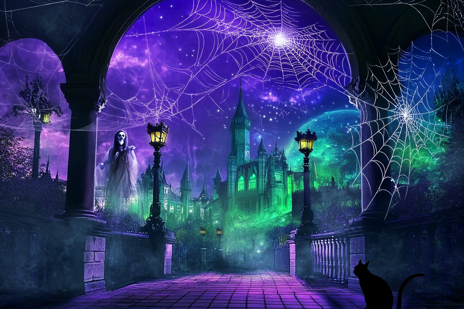 Toile de fond Halloween Château Envoûté et Toile Magique LXX57-100