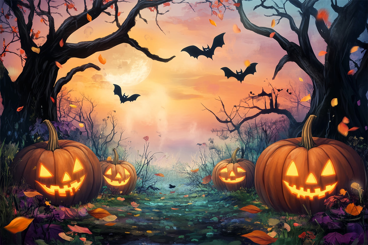Toile de fond Forêt Halloween Sentier Citrouille Clair Lune LXX57-143