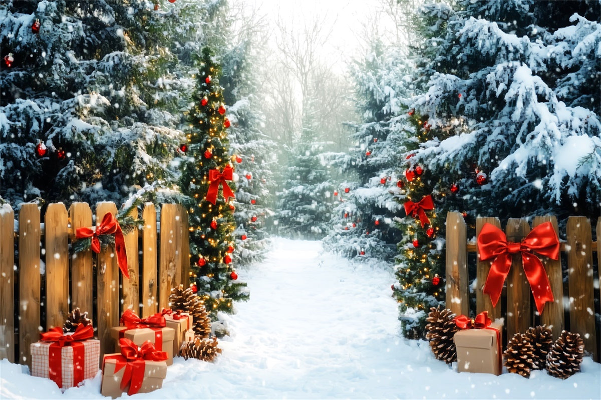 Toile de fond Photo Forêt Noël Présents Pins Enneigés LXX57-144