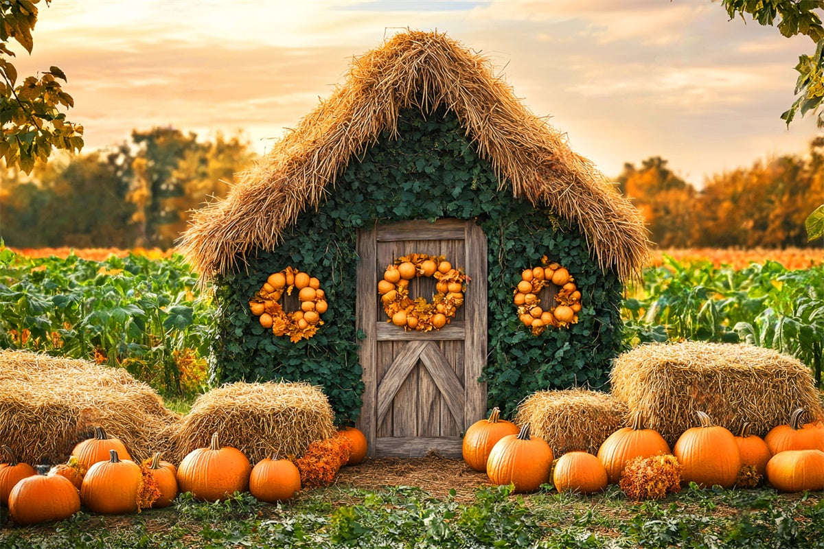 Toile de fond Photo Automne Cottage Champ Citrouilles LXX57-154