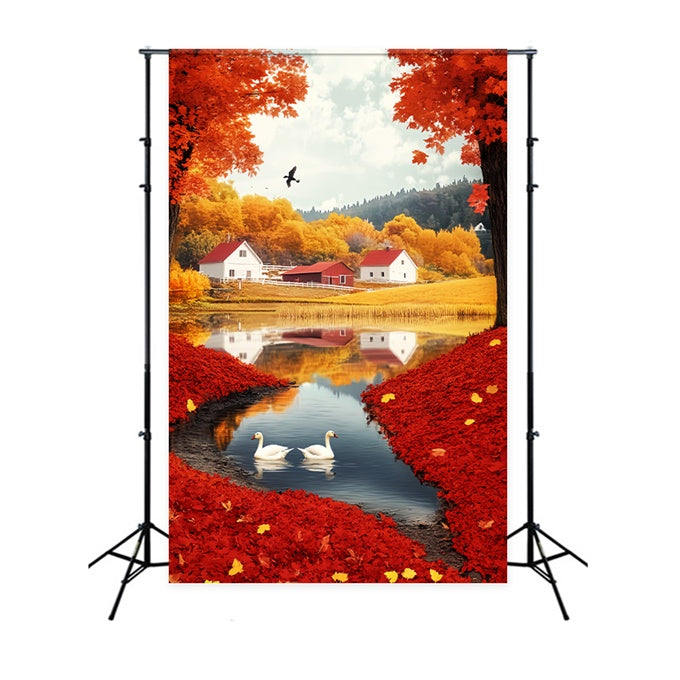 Toile de fond Déco Automne Feuille Écarlate Village Lac LXX57-180