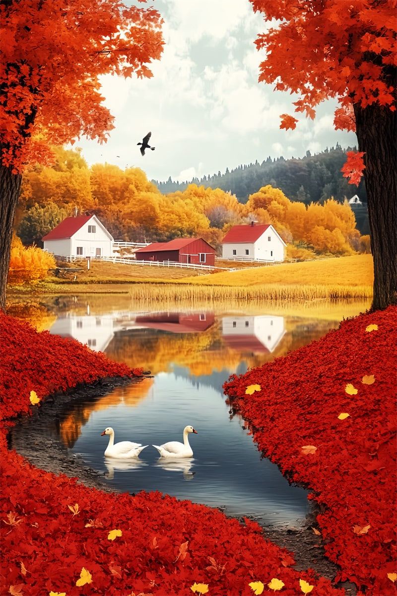Toile de fond Déco Automne Feuille Écarlate Village Lac LXX57-180