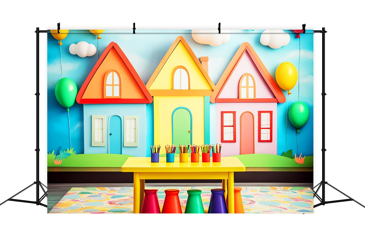 Toile de fond Rentrée des Classes Chalet Coloré et Ballons LXX57-28