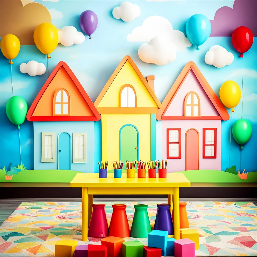 Toile de fond Rentrée des Classes Chalet Coloré et Ballons LXX57-28