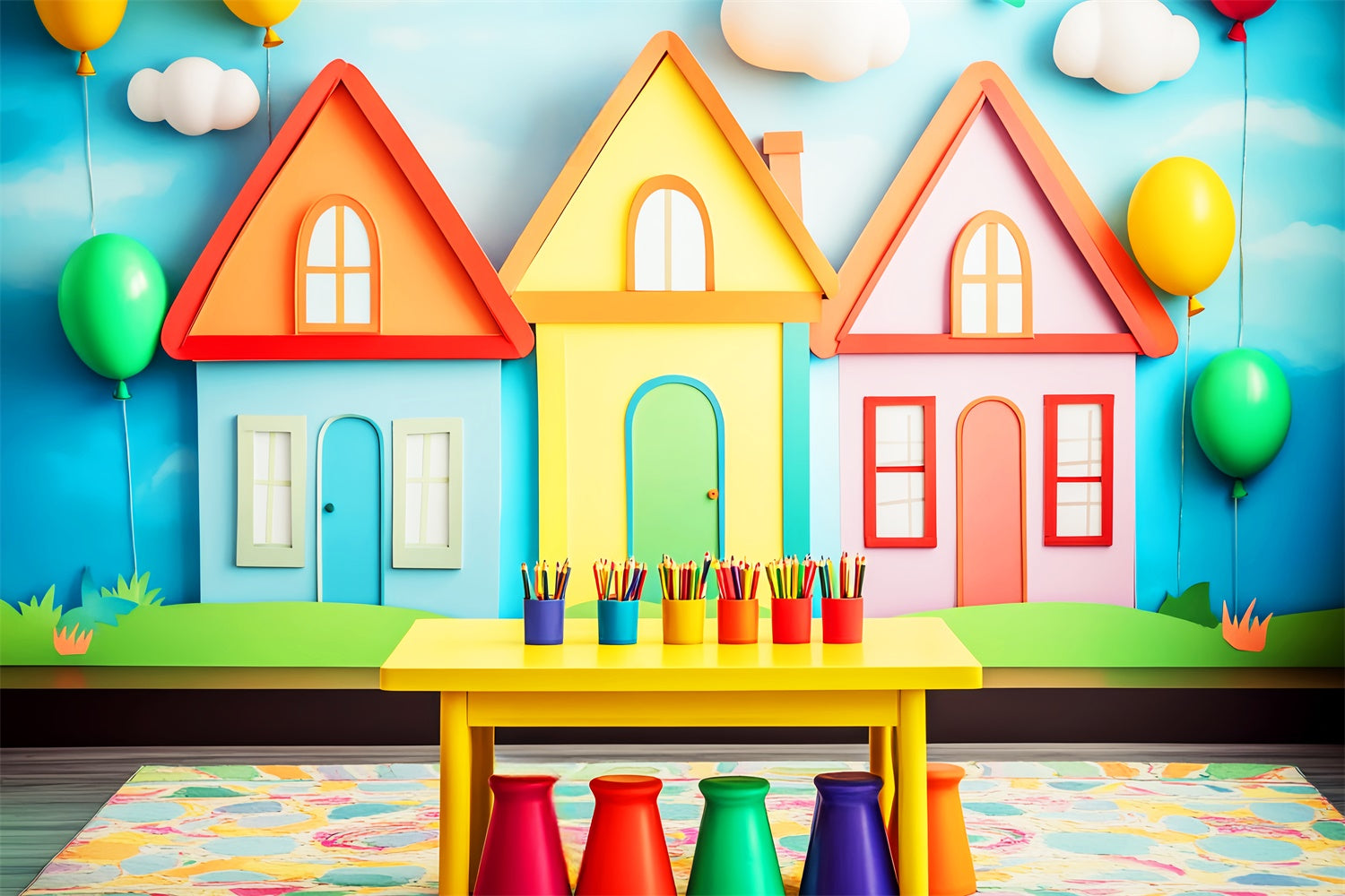 Toile de fond Rentrée des Classes Chalet Coloré et Ballons LXX57-28