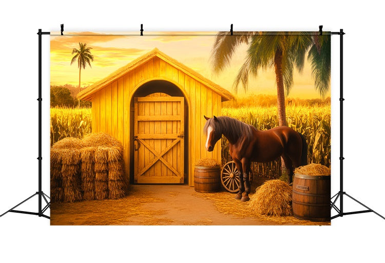 Toile de fond Grange Champ de Maïs Doré Cheval LXX57-372