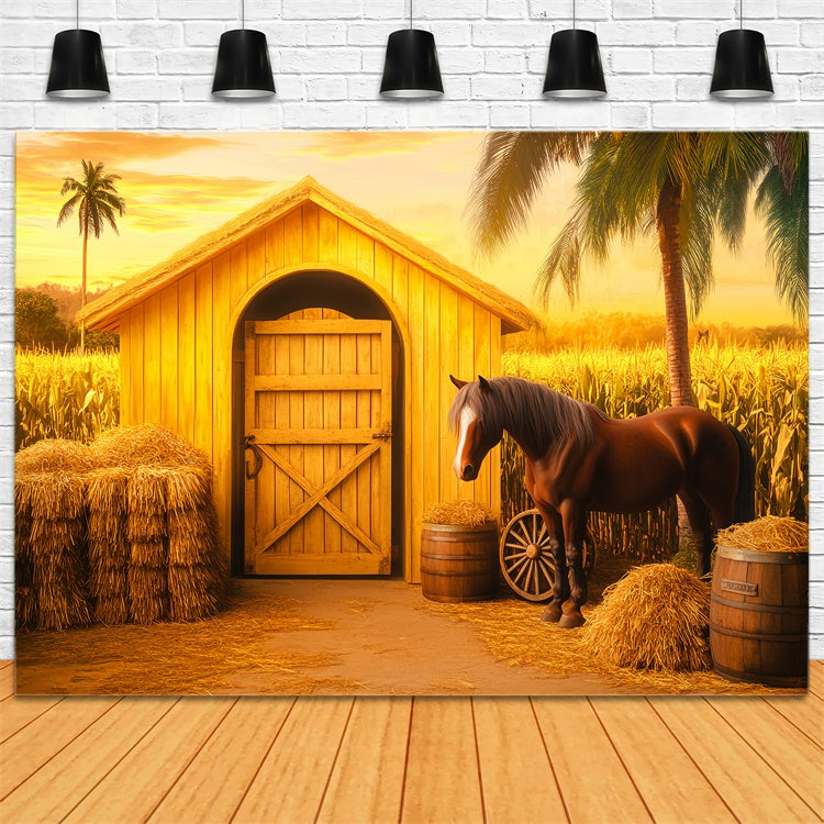 Toile de fond Grange Champ de Maïs Doré Cheval LXX57-372