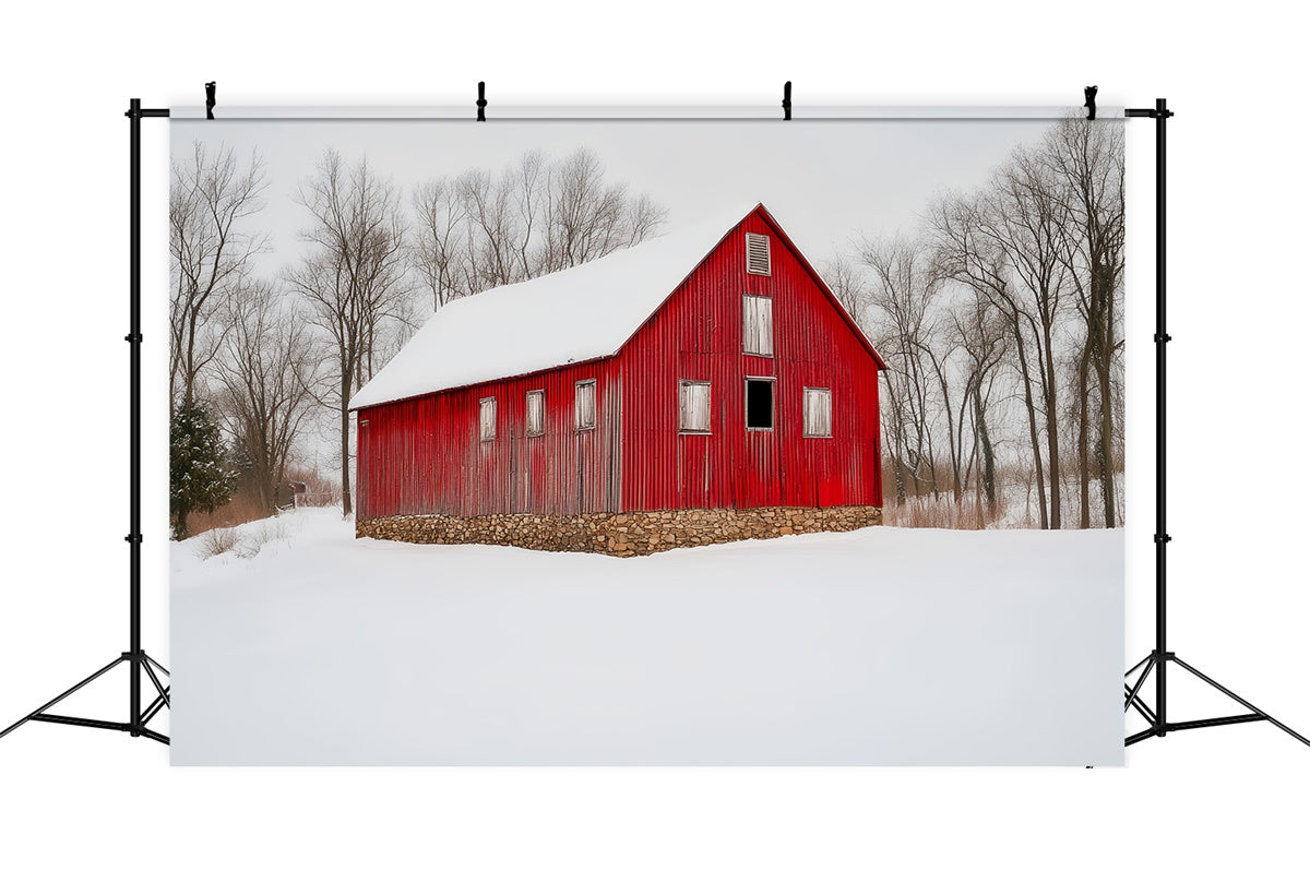 Toile de fond Grange Rouge Grange Champ de Neige Rustique LXX57-381