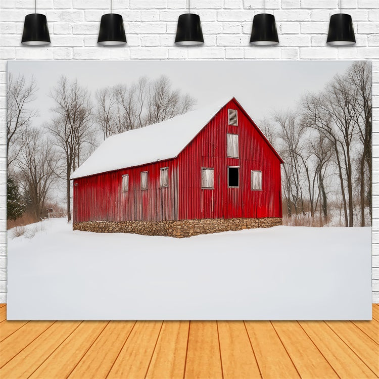 Toile de fond Grange Rouge Grange Champ de Neige Rustique LXX57-381