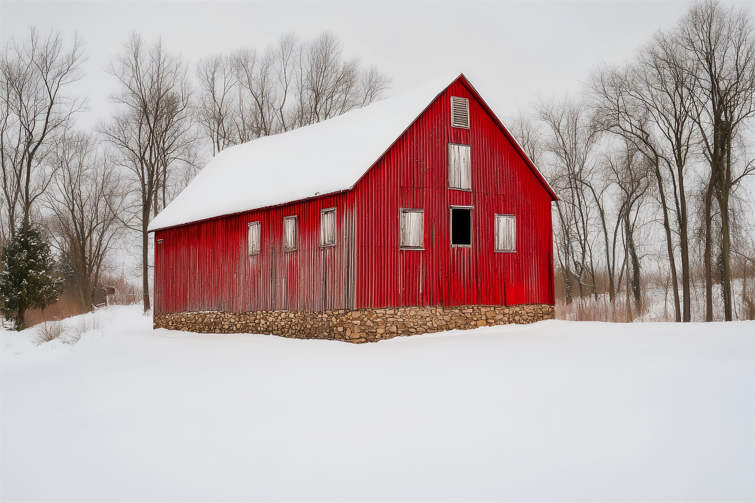 Toile de fond Grange Rouge Grange Champ de Neige Rustique LXX57-381