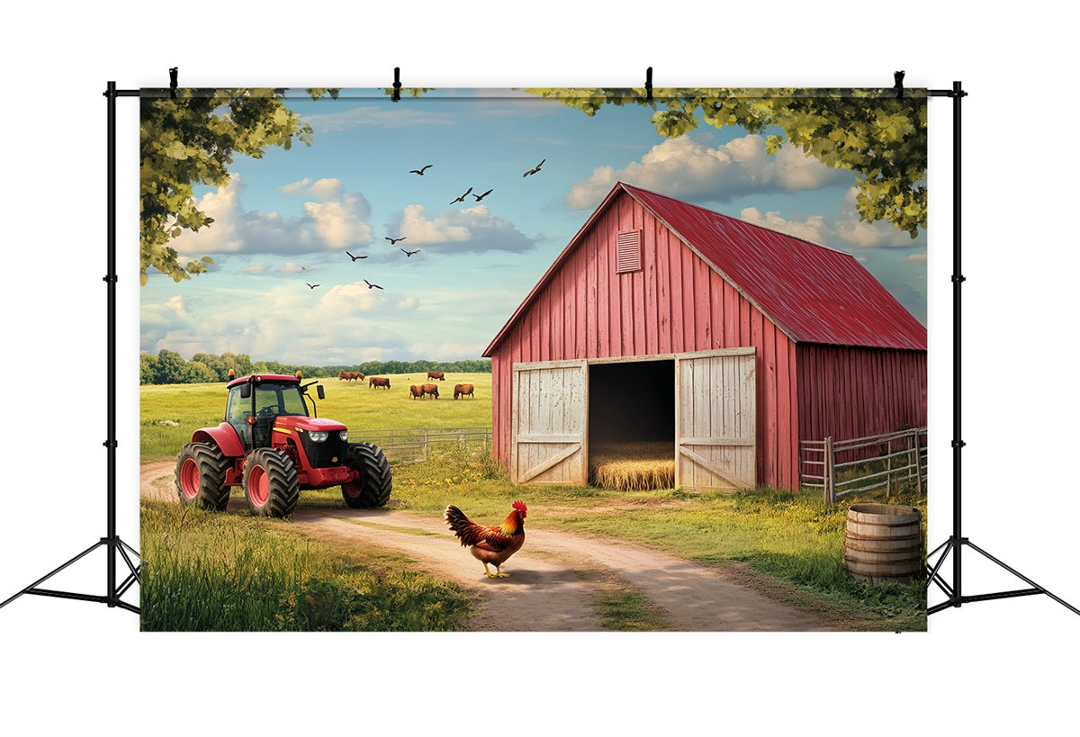 Toile de fond Grange Rouge Prairie Vache Scène Ferme LXX57-383